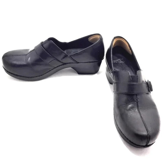 Dansko Tamara Black Leather Slip-On Clogs With Adjustable Strap - Picture 2 of 16